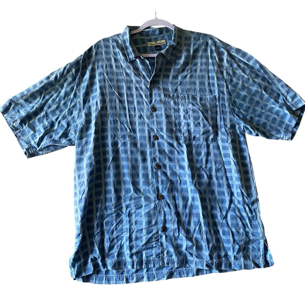 Tommy Bahama Mens Large Blue Checkered 100% Silk Short‎ Sleeve Camp Button Shirt